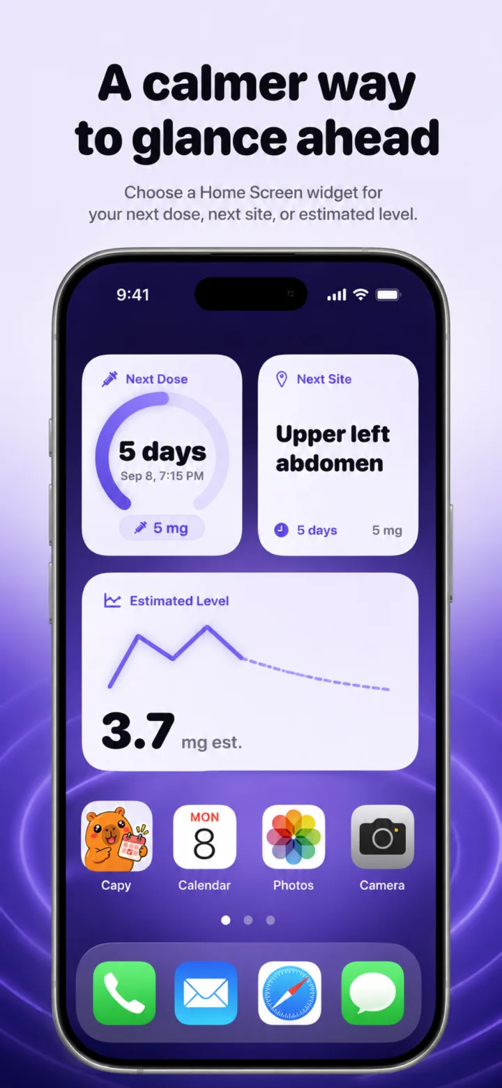 Purple Capy home screen widgets for the next schedule and estimated exposure
